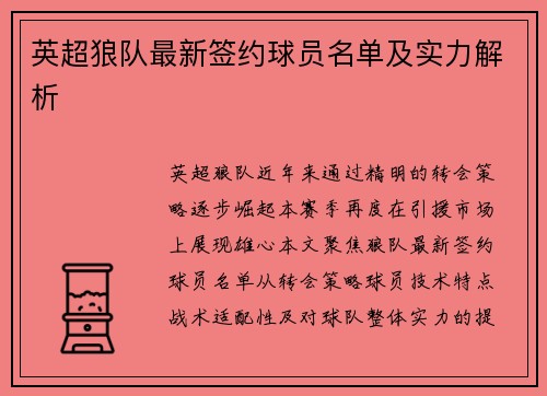 英超狼队最新签约球员名单及实力解析